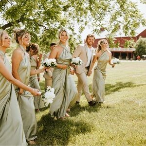 Jasmine Halter Maxi Dress Moss Green Luxe Satin *DRY CLEANED & Hemmed!*